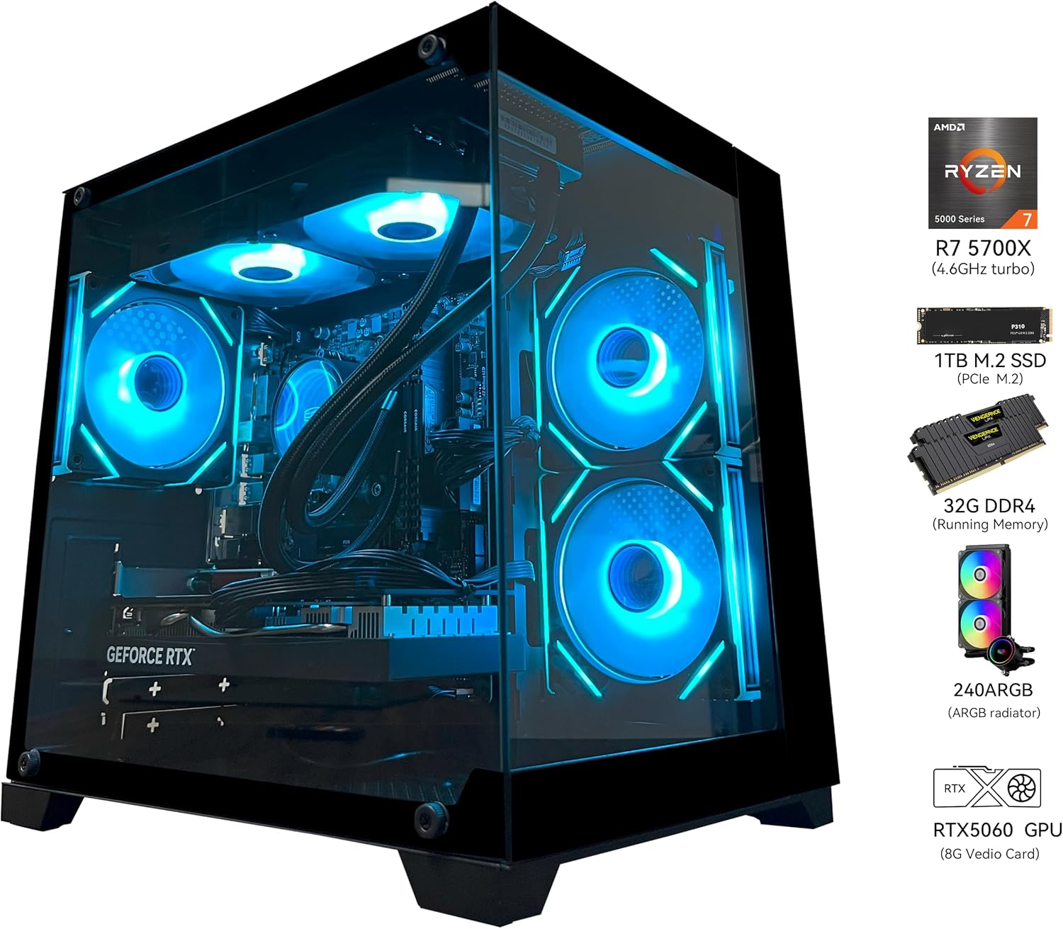 YAWYORE Gaming PC, AMD Ryzen 7 5700X, GeForce RTX 5060 Desktop Computer | 32GB DDR4 RAM, 1TB M.2 NVMe SSD,, ARGB Fans, WiFi+BT - Image 3