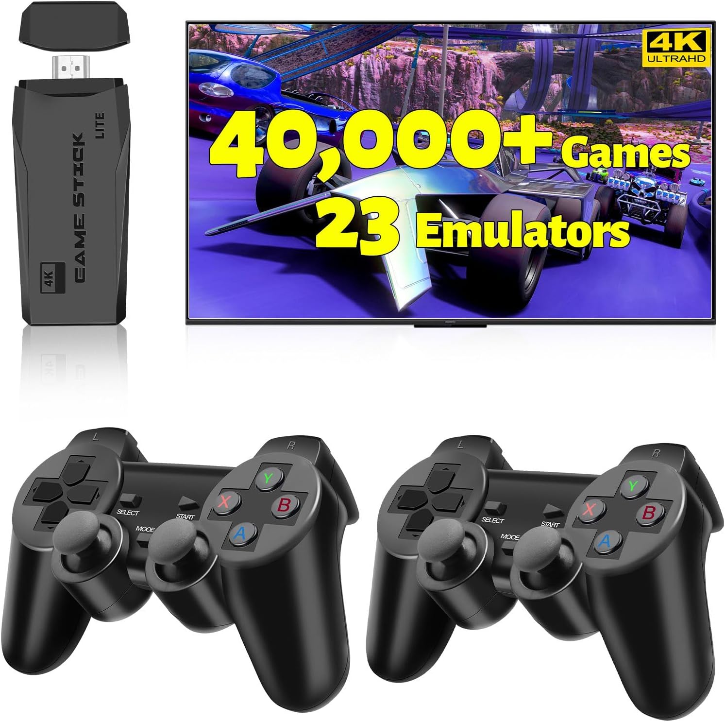 HRYYDS 2026 Retro Gaming Console Pro 4K HDMI with 40,000+ Built-in Classic Video Games - Plug & Play Game Stick for TV with 2 Wireless Controllers | 23 Emulator Support 64GB